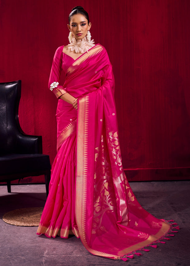 Fuchsia Pink Banarasi Satin Linen Silk Saree