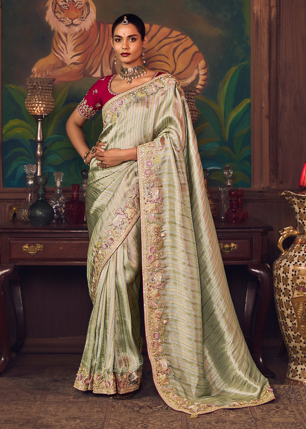 Mist Green Designer Embroidered Saree