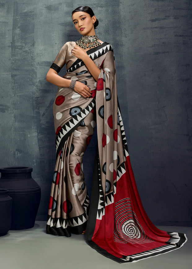 Fossil Grey Printed Satin Silk Saree
