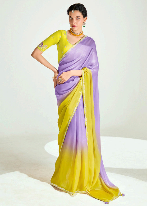 Lavender Yellow Ombre Designer Tissue Saree With Embroidered Blouse