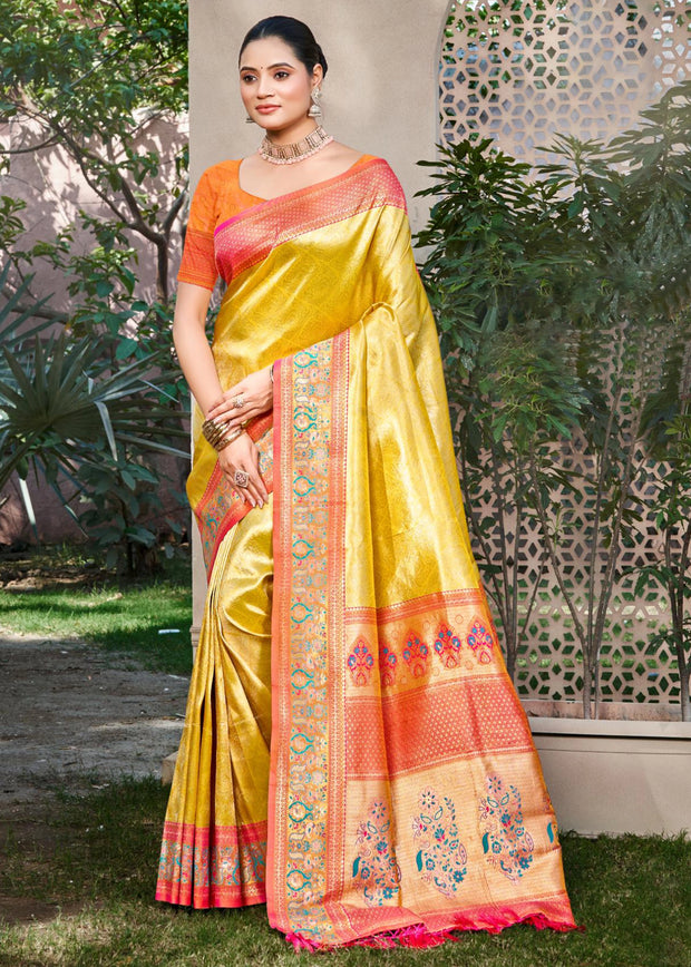 Cyber yellow Kanjivaram silk saree with bold gold zari and Kanchipuram weaving