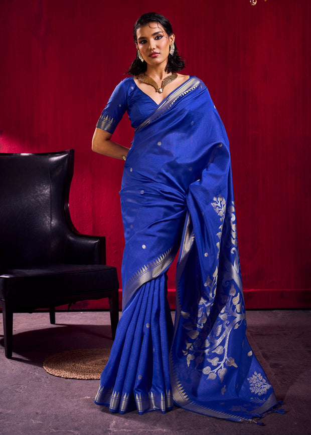 Indigo Blue Banarasi Satin Linen Silk Saree