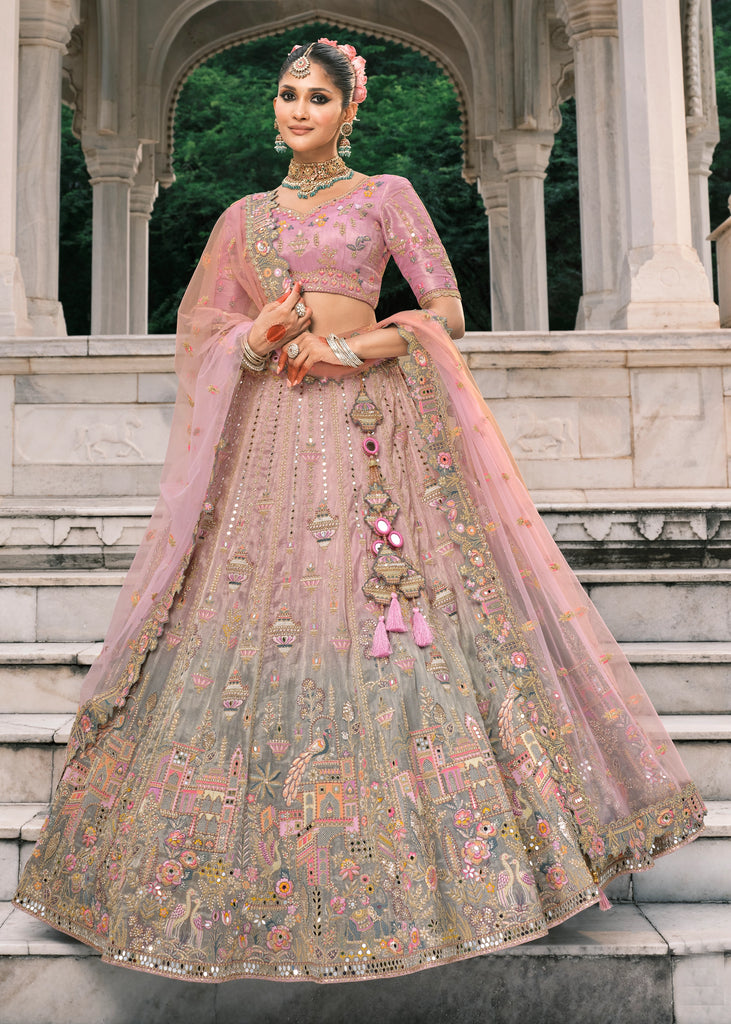 Pink & Grey Heavy Embroidered Designer Lehenga