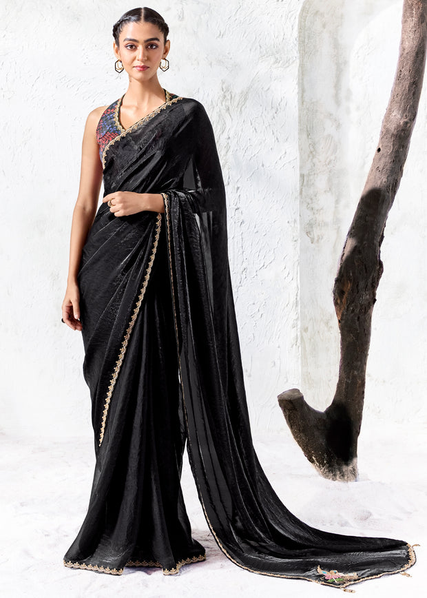 Black Designer Organza Silk Saree With Printed Blouse