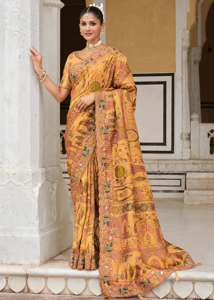 Daffodil Yellow Designer Embroidered Silk Saree