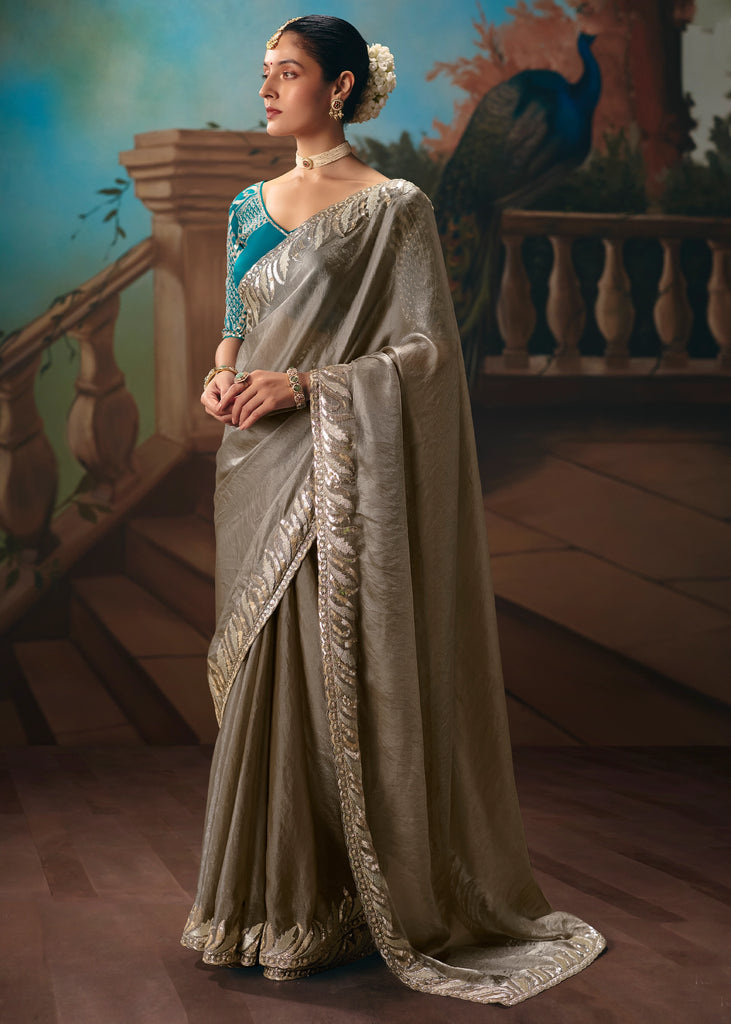 Fossil Grey Embroidered Designer Saree