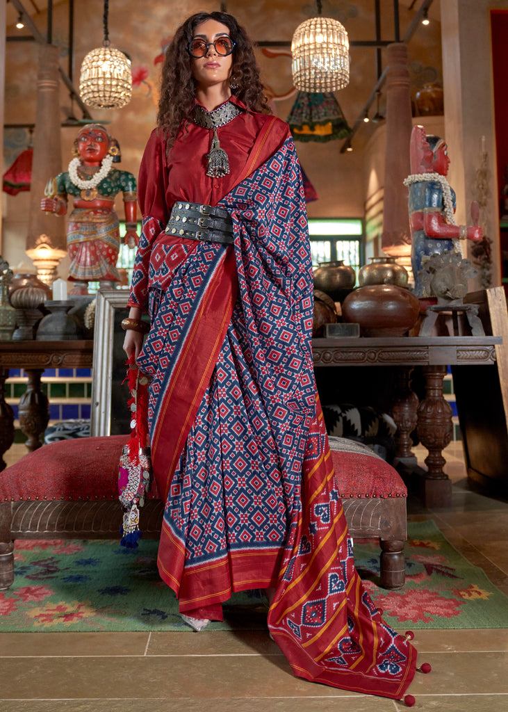 Red And Blue Printed Patola Silk Saree
