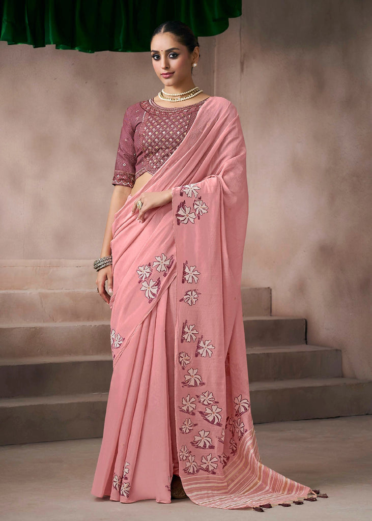 “Exclusive Offer” : Blush Pink Woven Cotton Silk Saree
