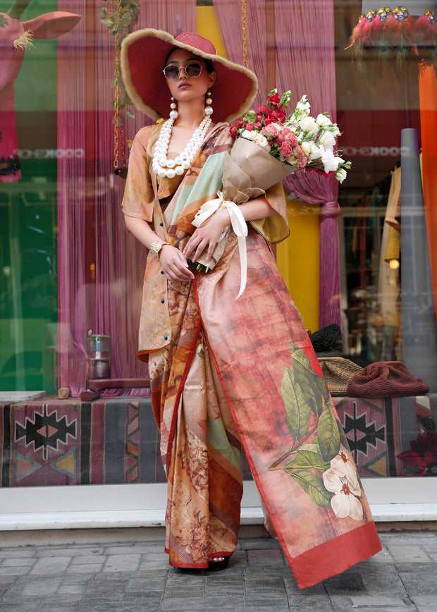 Almond Beige Digital Printed Soft Silk Saree