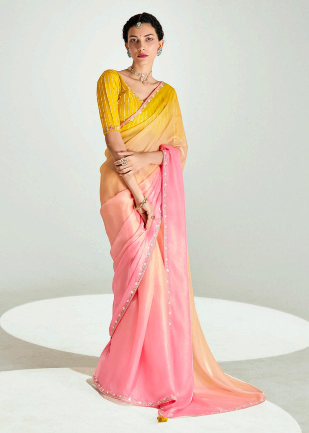 Pink Ombre Designer Tissue Saree With Embroidered Blouse