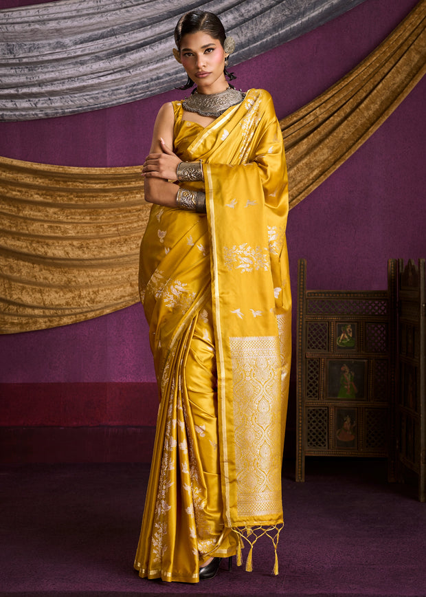 Blazing Yellow Banarasi Satin Silk Saree
