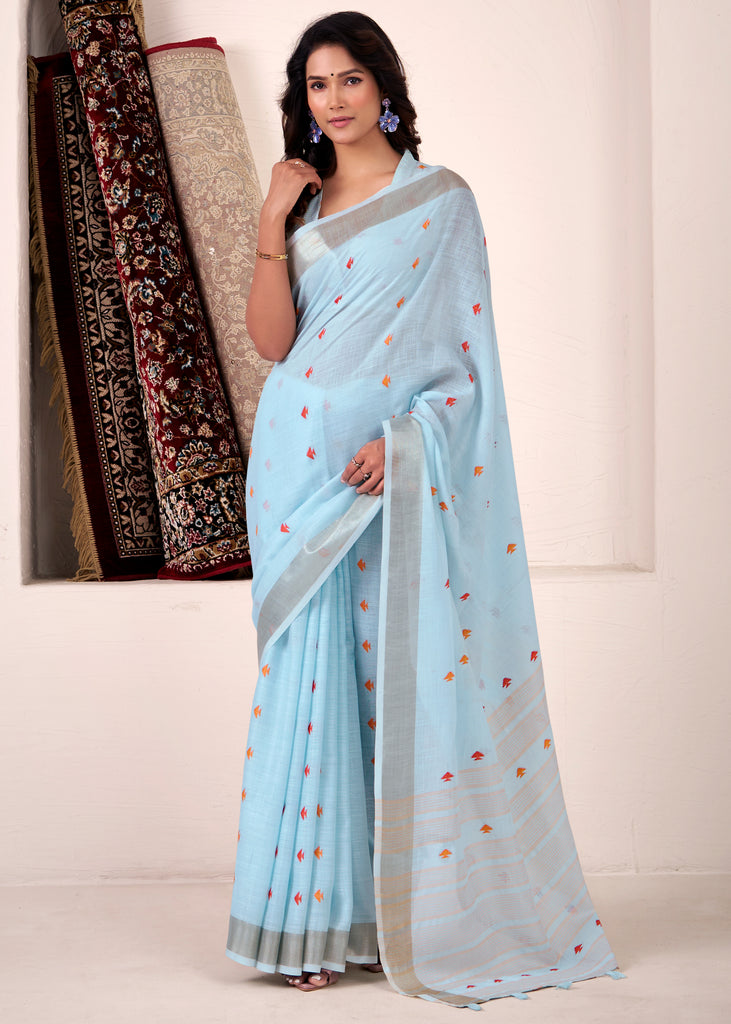 Sky Blue Woven Linen Silk Saree
