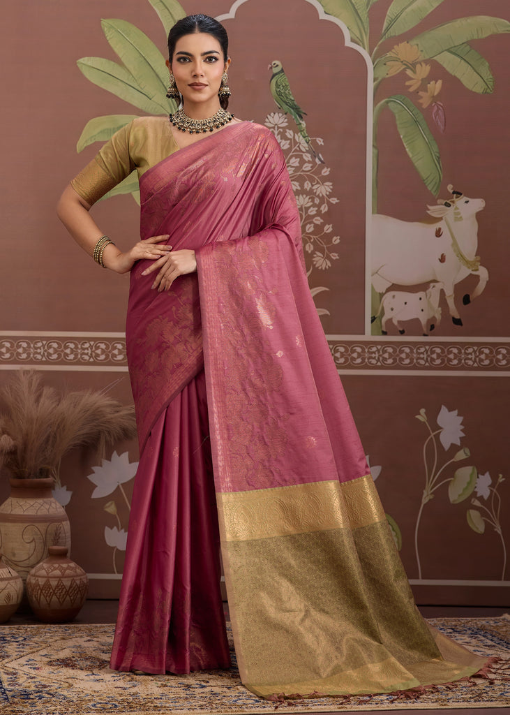 Carmine Pink Woven Tussar Silk Saree