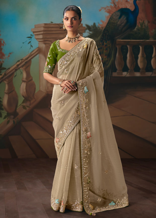 Olive Grey Embroidered Designer Saree