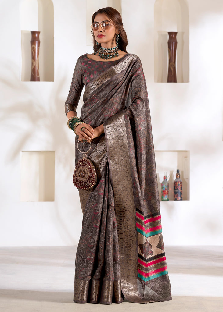 Fossil Grey Banarasi Printed Soft Silk Saree
