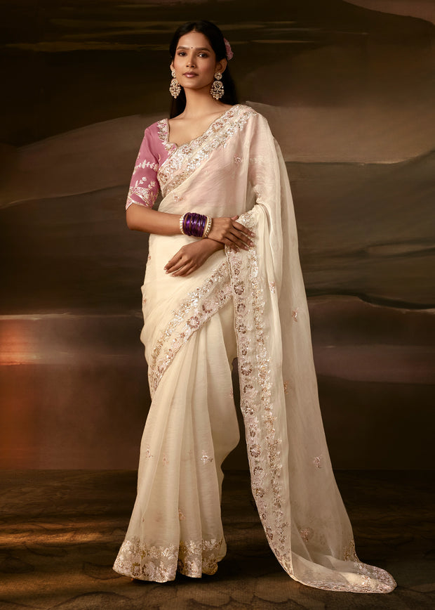Off White Embroidered Designer Organza Saree
