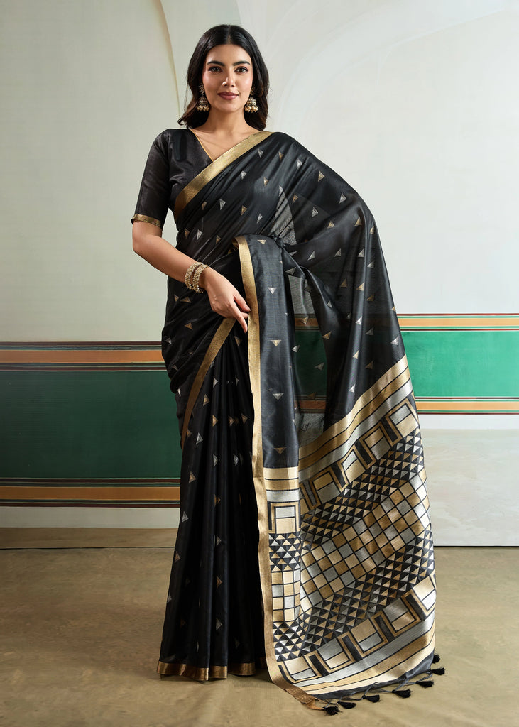 Phantom Black Woven Tussar Silk Saree