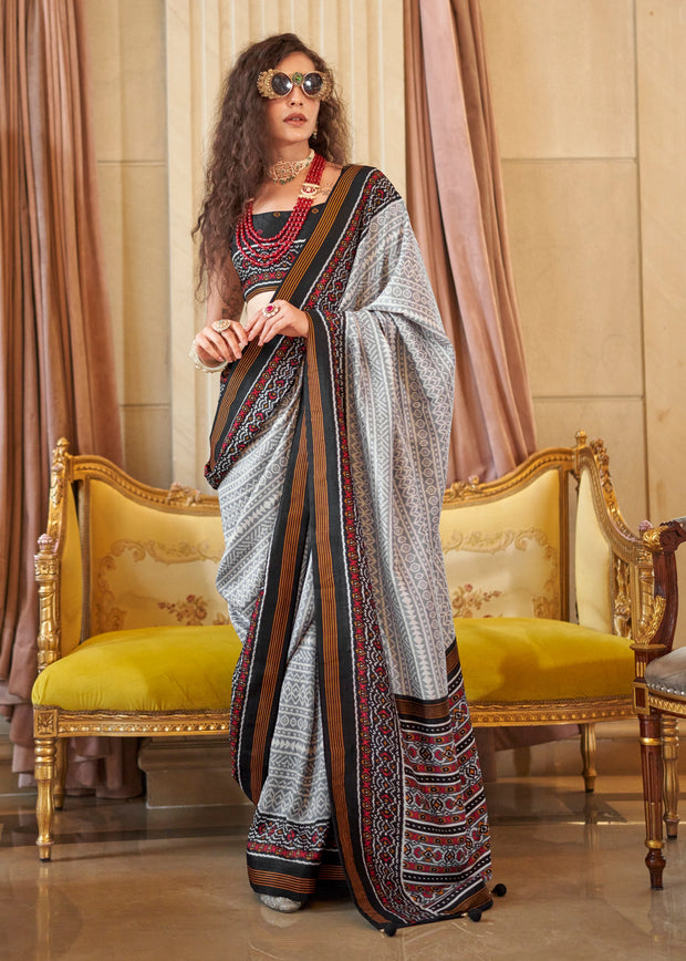 Black And White Printed Soft Silk Saree