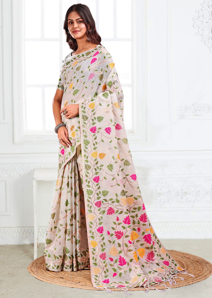 Moon White Woven Linen Cotton Silk Saree