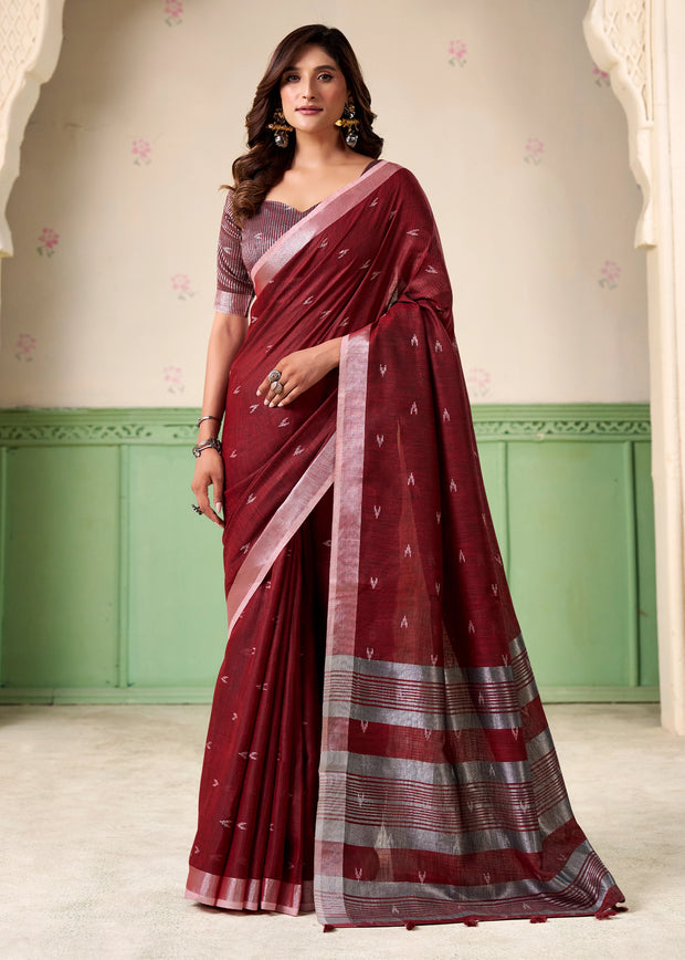 Deep Maroon Woven Linen Silk Saree