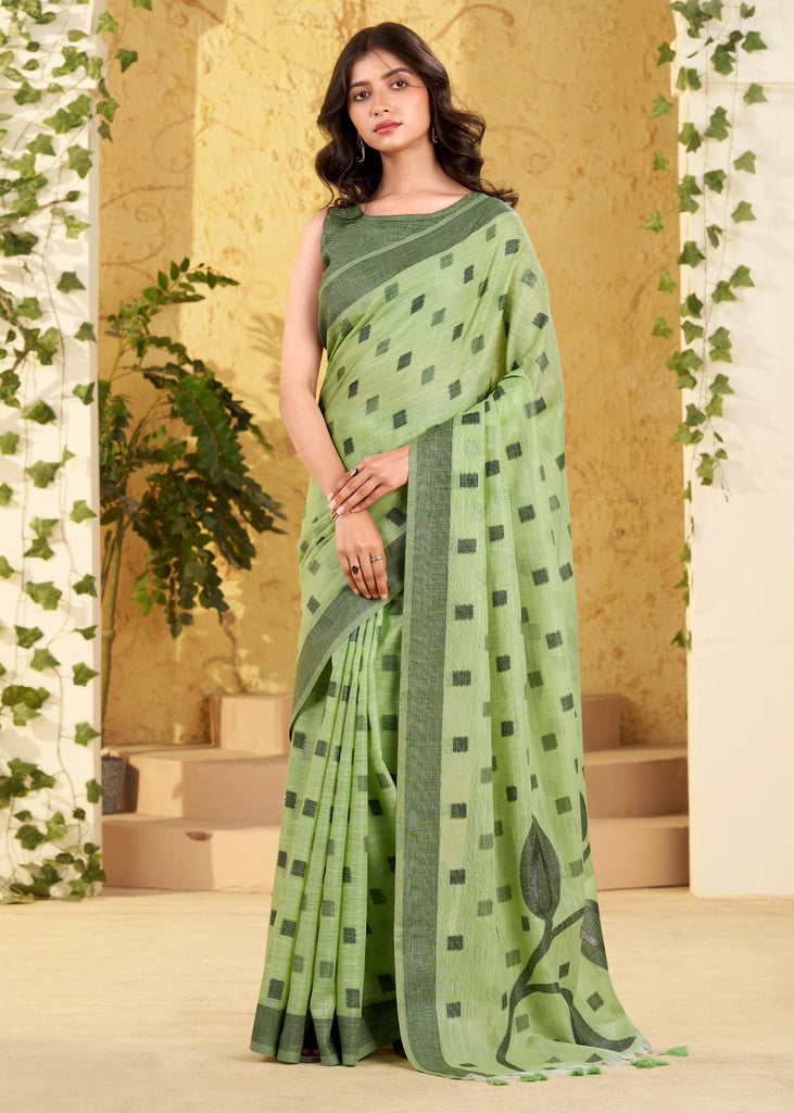 Pista Green Woven Linen Silk Saree