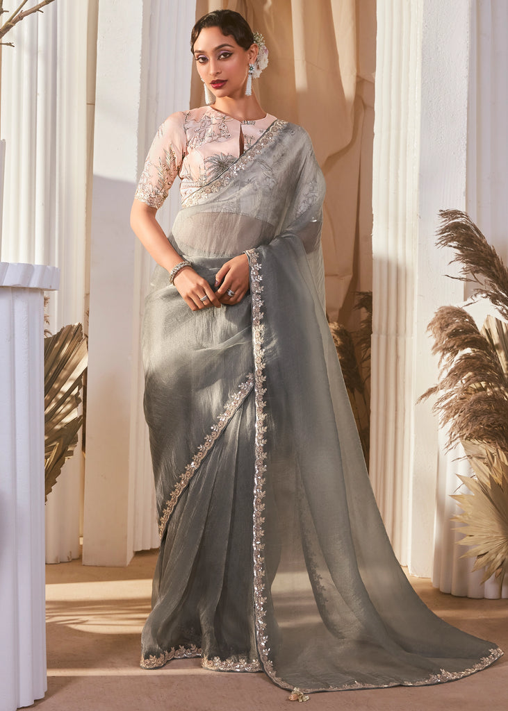 Powder Grey Designer Silk Saree