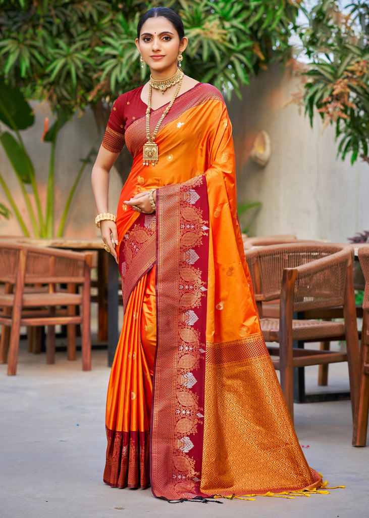 Blazing Orange Dual Tone Woven Banarasi Silk Saree