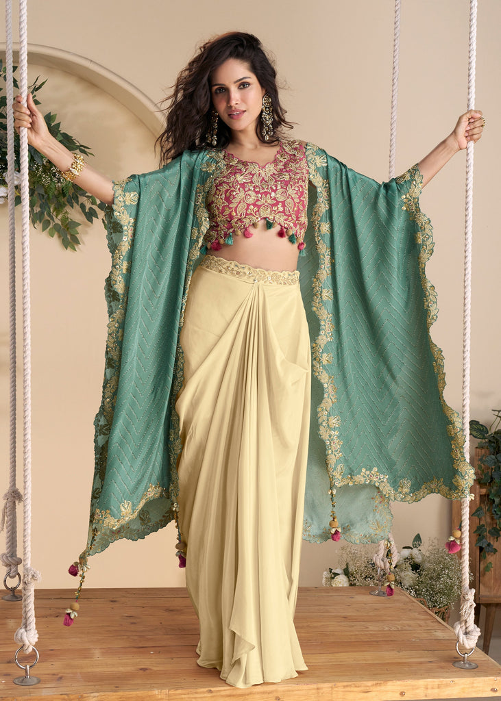 Beige And Green Designer Indo Western Set