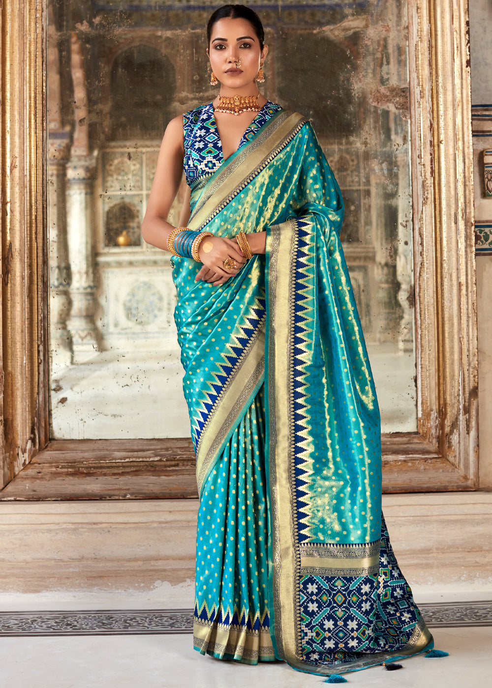 Buy Turquoise Zari Weaving Silk Saree Online At Zeel Clothing