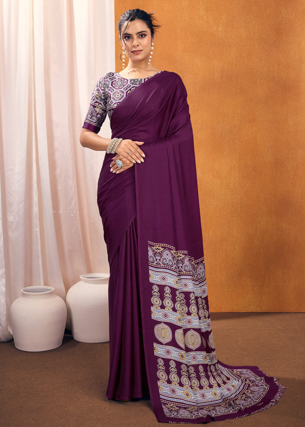 Passion Purple Satin Silk Saree with Ajrakh Printed Pallu and Blouse