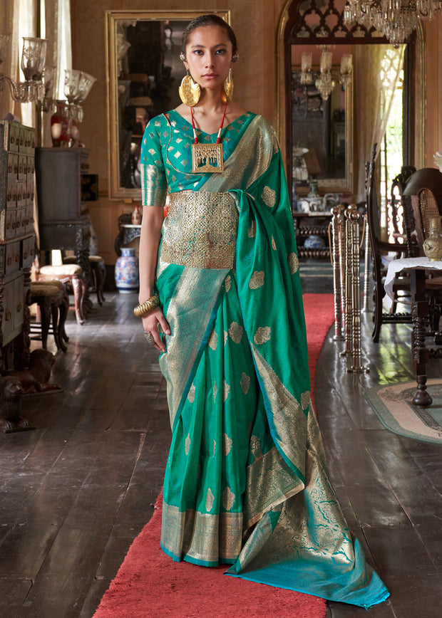 Holly green dual-tone Banarasi silk saree with woven motifs from Varanasi