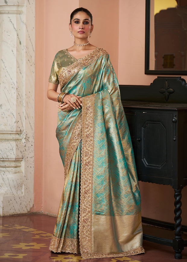 Turquoise Blue Bead Work Kanjivaram Soft Silk Saree