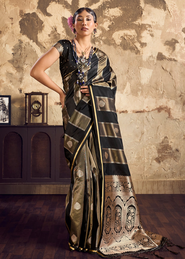 Black And Golden Rangkat Satin Silk Saree