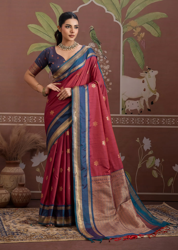 Amarican Red Woven Banarasi Tussar Silk Saree
