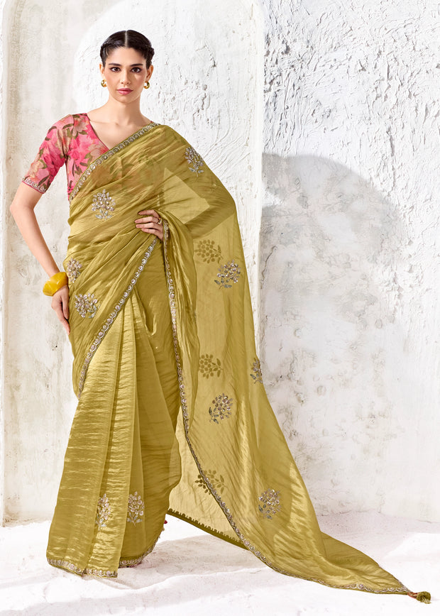 Golden Green Designer Organza Silk Saree With Printed Blouse