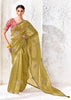 Golden Green Designer Organza Silk Saree With Printed Blouse