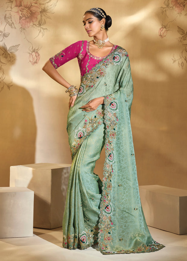 Mint Green Embroidered Kanjivaram Silk Saree