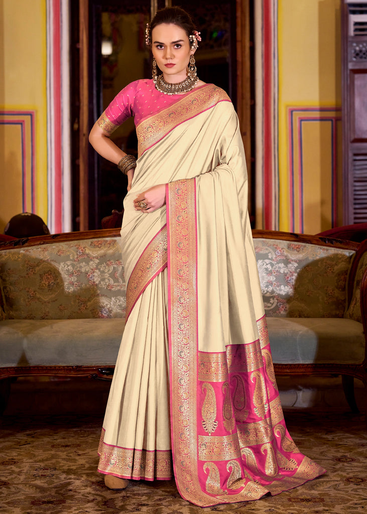 Off White Banarasi Soft Silk Saree
