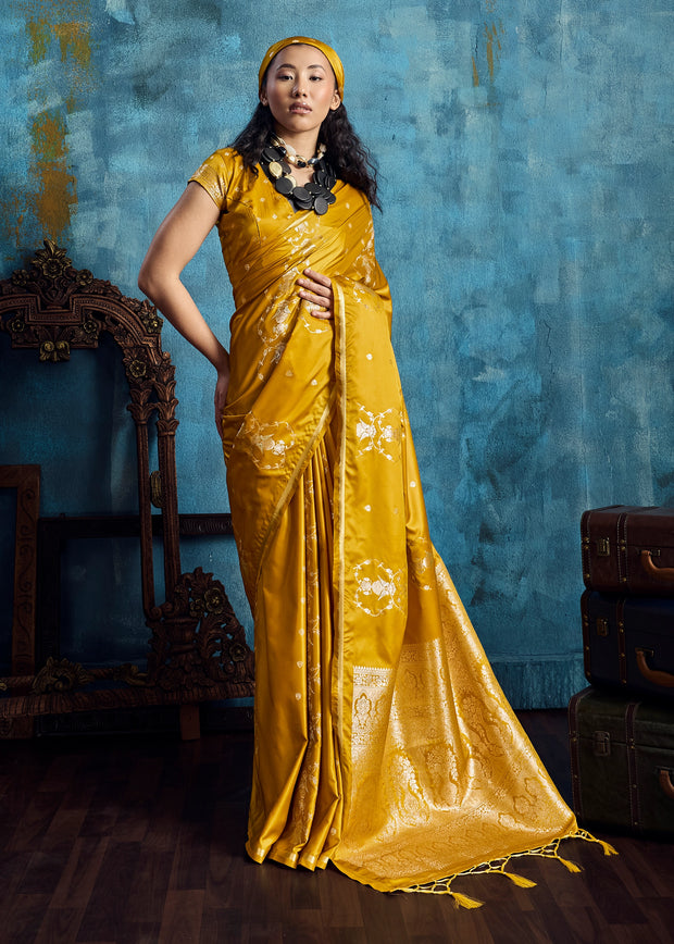 Ochre Yellow Woven Banarasi Satin Silk Saree