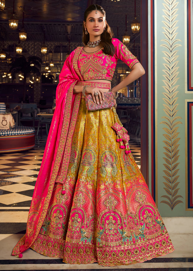 Yellow And Pink Heavy Banarasi Designer Lehenga