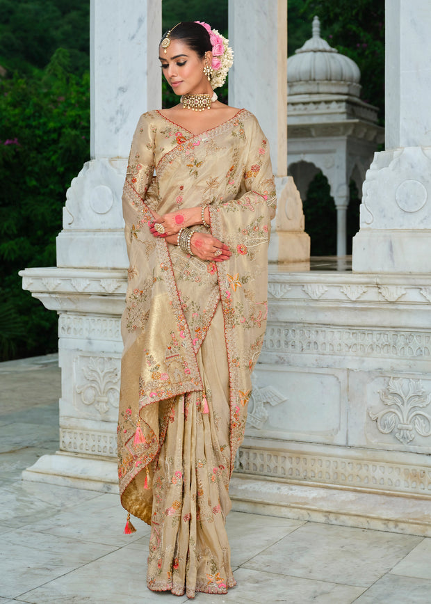 Classy Off White Designer Embroidered Silk Saree