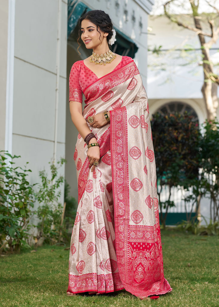 Raspberry Pink Woven Banarasi Silk Saree