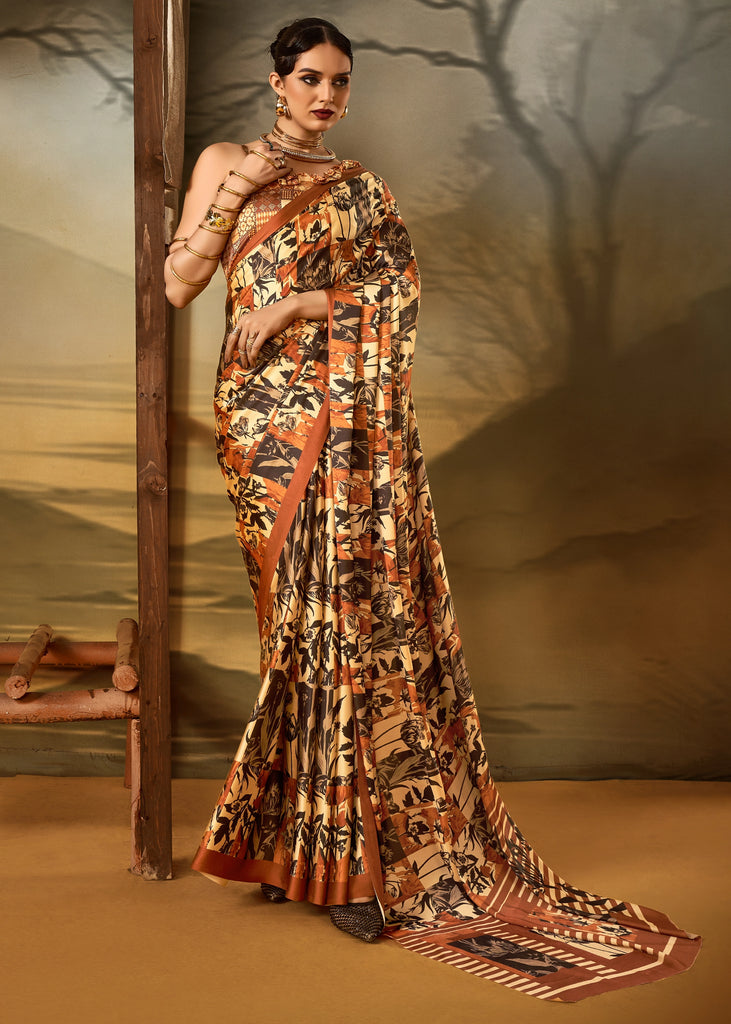 Brown And Beige Printed Satin Silk Saree