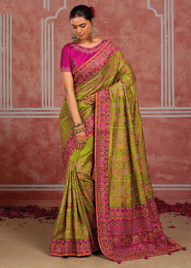Lime Green Embroidered Designer Saree