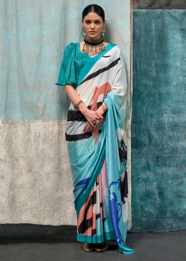 Sea Blue Satin Crepe Printed Silk Saree