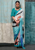 Sea Blue Satin Crepe Printed Silk Saree