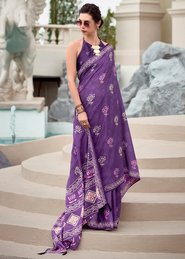 Magic Purple Printed Cotton Silk Saree