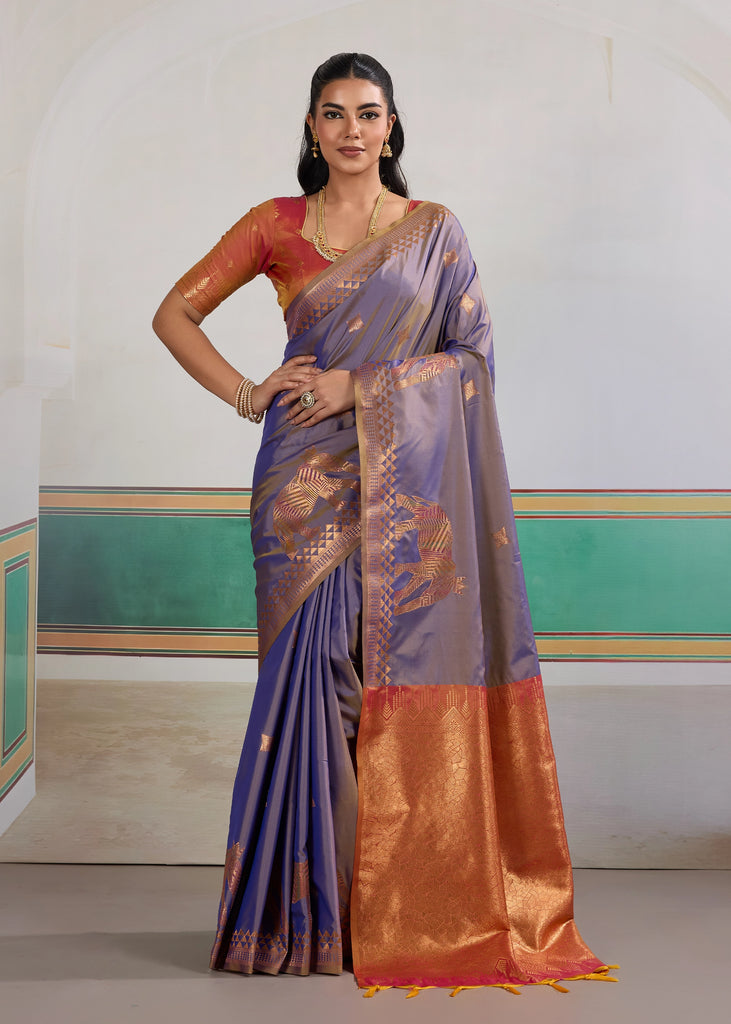 Dusky Purple Woven Silk Saree With Contrast Blouse
