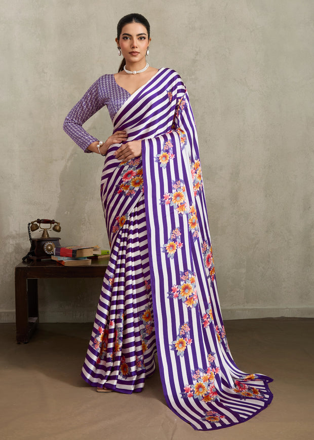 Purple Printed Satin Silk Saree