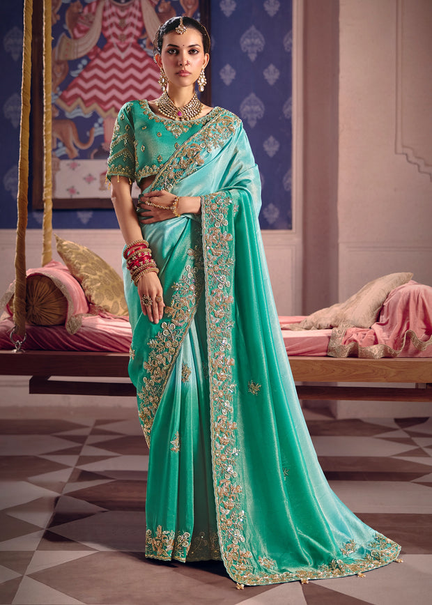 Sea Green Embroidered Tissue Designer Saree